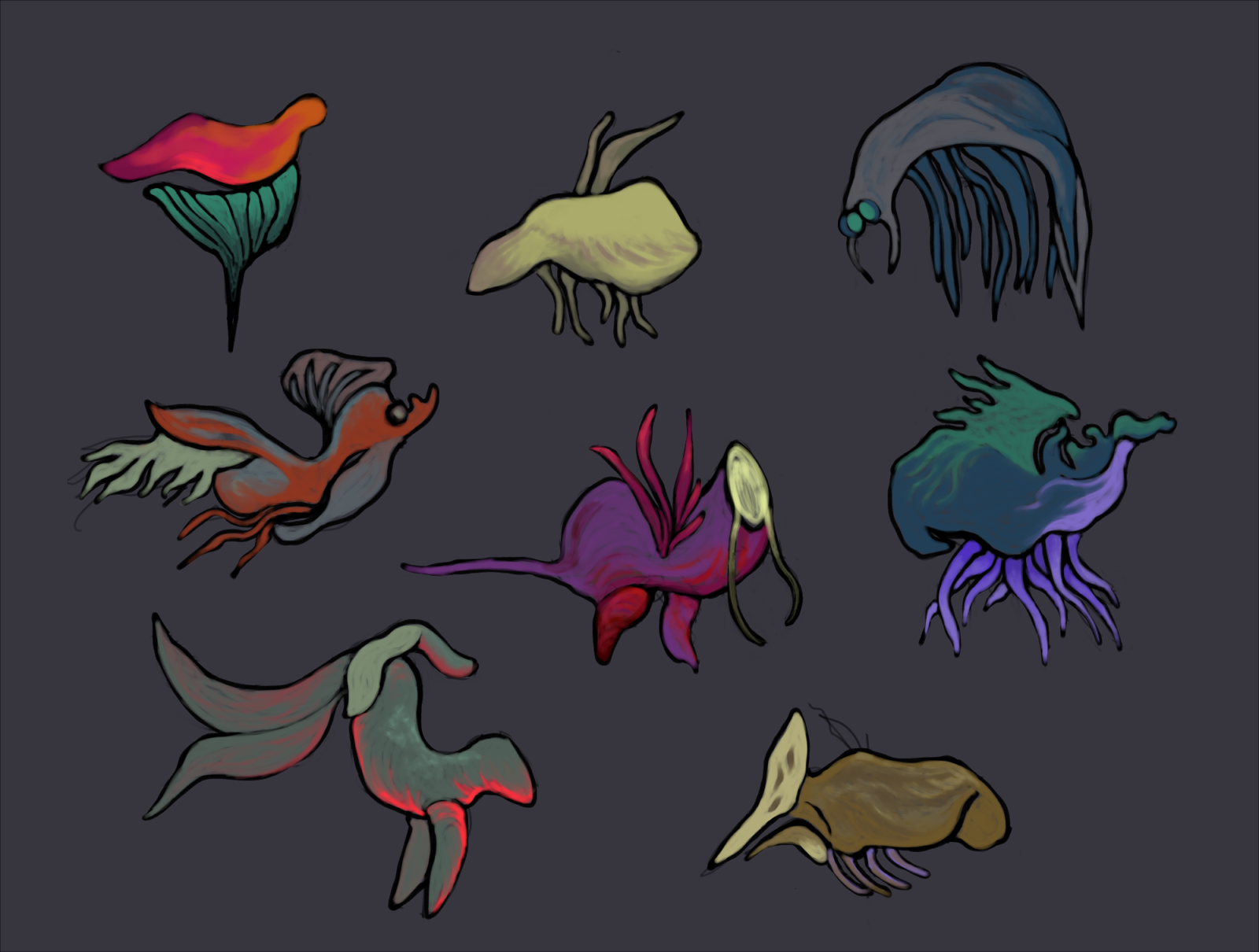 a drawing of 8 colorful creatures on a neutral gray background. the creatures are abstracted and vaguely resemble deep sea animals